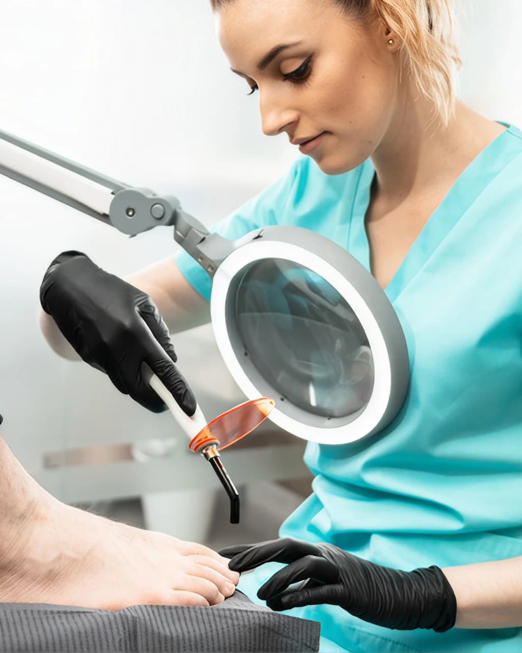 Specjalistka Strefy Podologii podczas zabiegu na stopie pod lampą z lupą